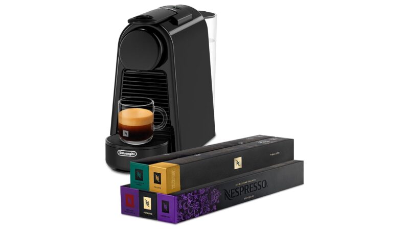 Nespresso Essenza Mini coffee machine by De'Longhi in black with Nespresso Original pod sleeves