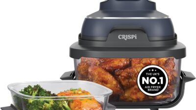 Ninja CRISPi FN101UK glass air fryer with power pod on the 3.8L glass container and the smaller 1.4L container beside it