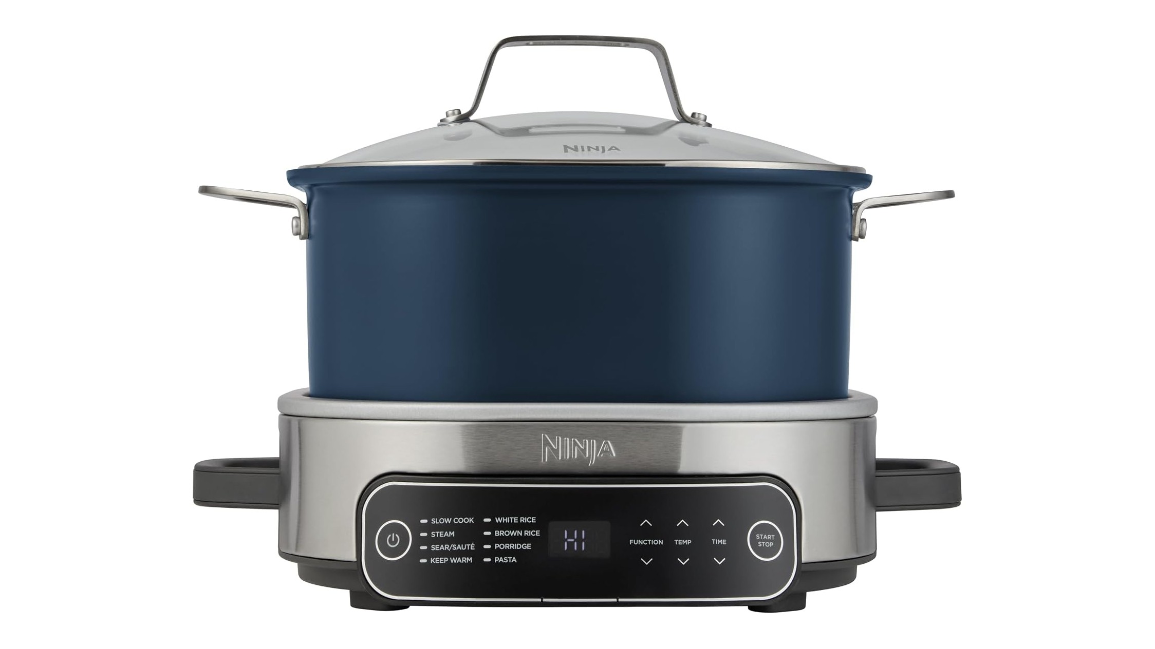 Ninja Foodi PossibleCooker 6L in midnight blue with its glass lid and control panel Ninja Foodi PossibleCooker 6L in midnight blue with its glass lid and control panel
