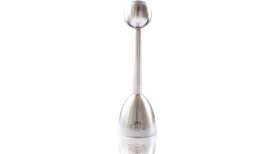 NobleEgg stainless steel egg topper with a ball on a rod above a bell-shaped cup