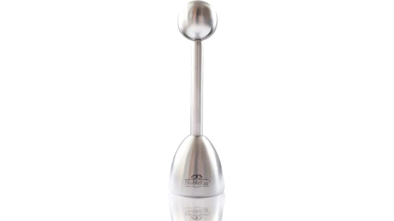 NobleEgg stainless steel egg topper with a ball on a rod above a bell-shaped cup
