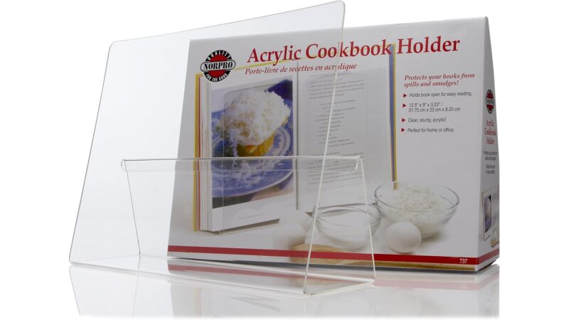 Norpro clear acrylic cookbook and tablet holder in front of its retail box