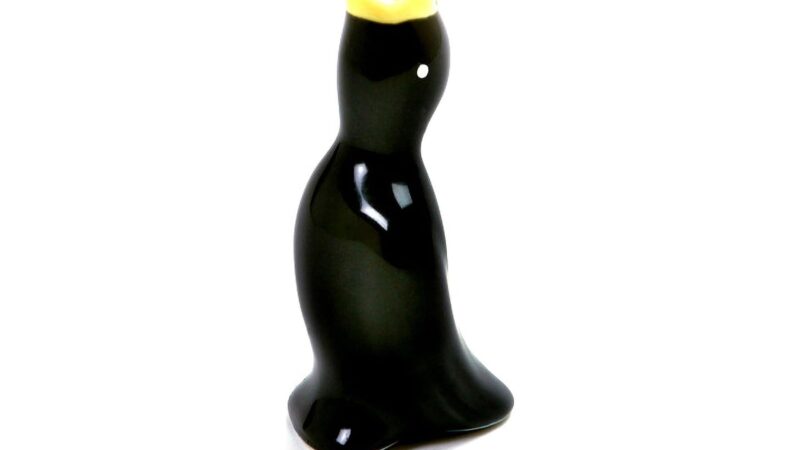 Norpro ceramic pie bird, a black glazed bird with an open yellow beak