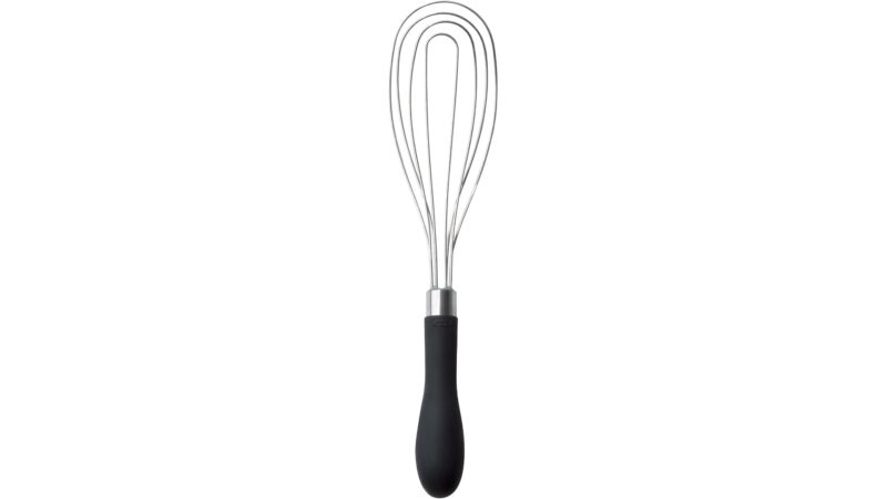 OXO Good Grips flat whisk with four stainless steel wires and a black handle