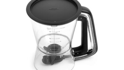 OXO Good Grips Precision Batter Dispenser, a clear jug with measurement markings, black lid and squeeze handle