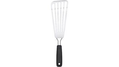 OXO Good Grips slotted fish spatula with a long angled stainless steel head and black handle