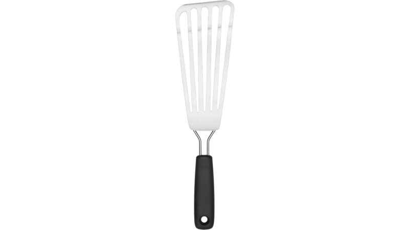OXO Good Grips slotted fish spatula with a long angled stainless steel head and black handle