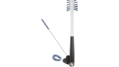 OXO Good Grips water bottle cleaning set with a long bottle brush, straw brush and looped detail brush on a ring