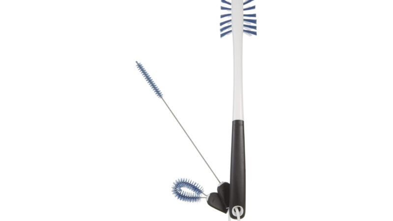OXO Good Grips water bottle cleaning set with a long bottle brush, straw brush and looped detail brush on a ring