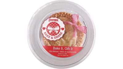Clear Pyrex Basics 9-inch glass pie dish with a baked pie inside