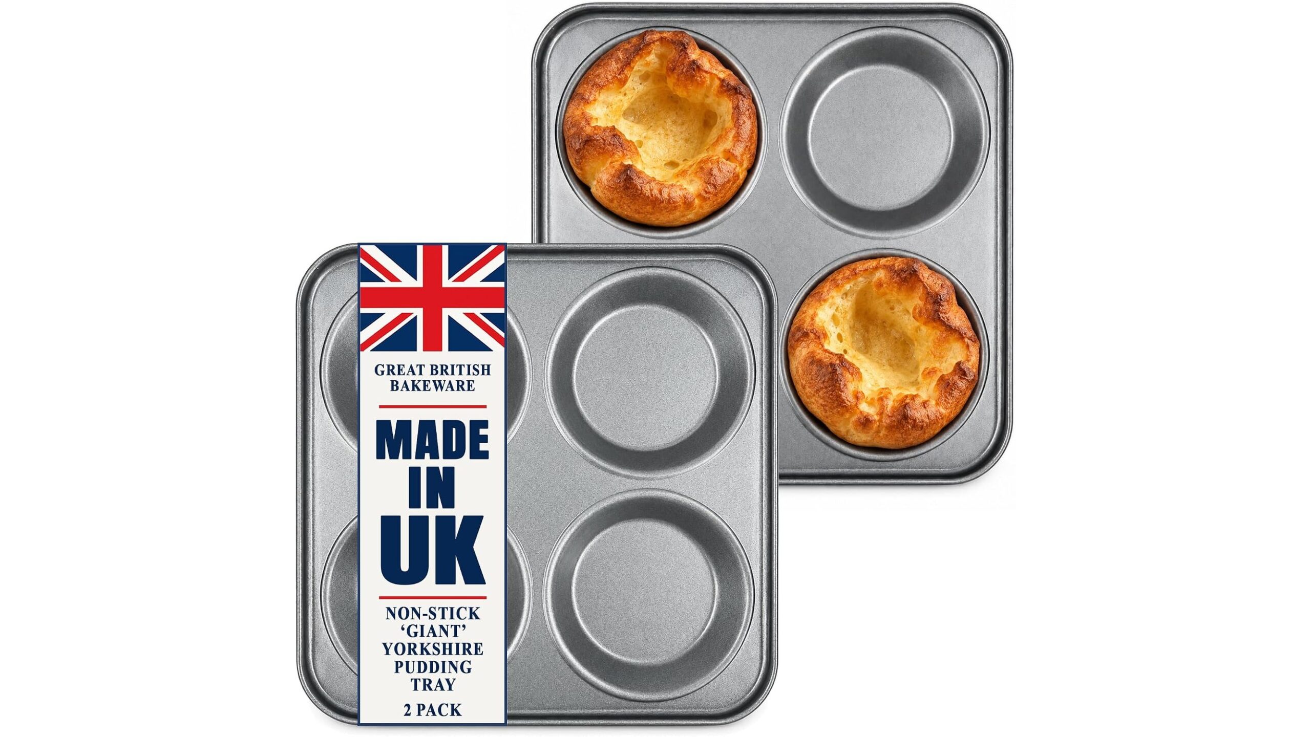 Samuel Groves 4 cup giant Yorkshire pudding trays, two pack, with two baked Yorkshire puddings