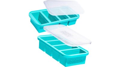 Two aqua Souper Cubes 1 cup silicone freezer trays with clear lids