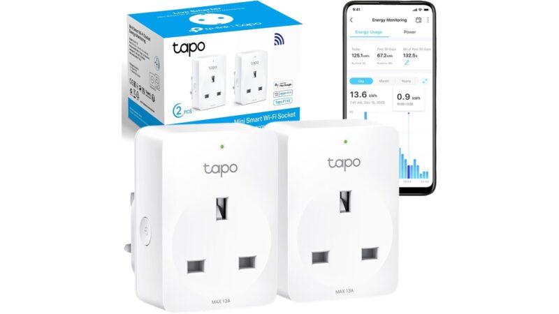 Tapo P110 energy monitoring smart plug 2-pack with the Tapo app's energy usage screen
