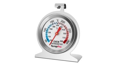 TempPro stainless steel oven thermometer with Celsius and Fahrenheit dial and hanging hook