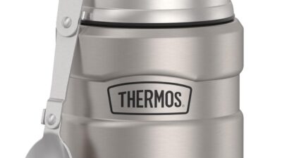 Thermos Stainless King 16oz food jar in matte steel with a folding spoon clipped to the side