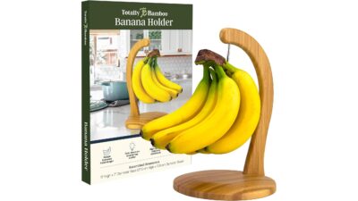 Totally Bamboo banana holder, a round bamboo base and curved upright with a stainless steel hook holding a bunch of bananas