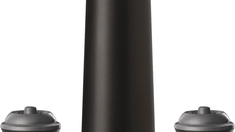 Vacu Vin Original wine saver vacuum pump in black with two grey rubber vacuum stoppers