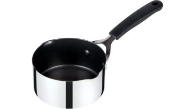 Prestige 14cm stainless steel non-stick milk pan with pouring lip and black silicone handle
