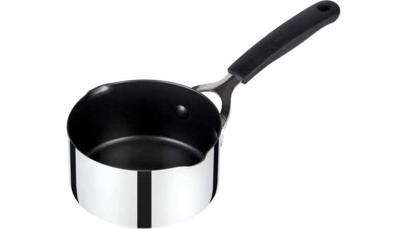 Prestige 14cm stainless steel non-stick milk pan with pouring lip and black silicone handle